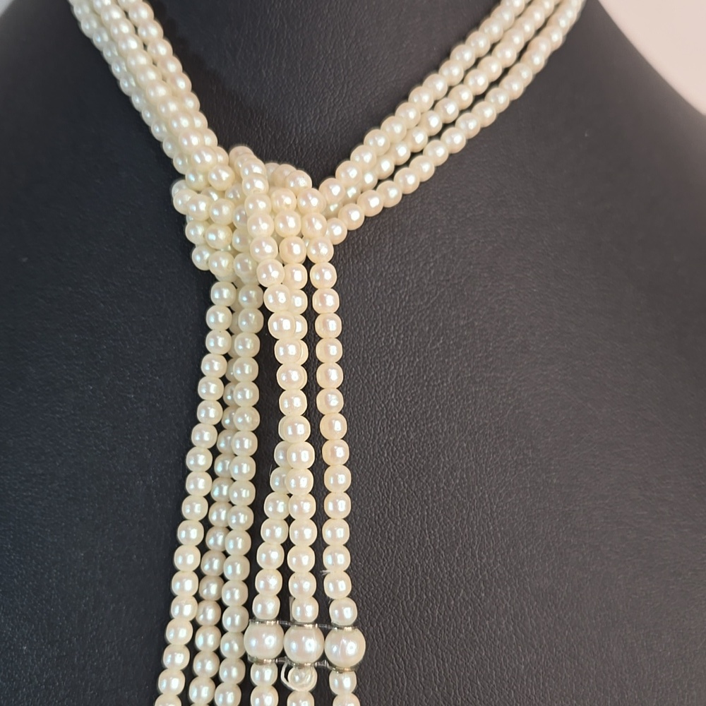 Classic Rose Quartz Stones Pearl Lariat Floral Necklace Earrings Triple Strand - Picture 4 of 15